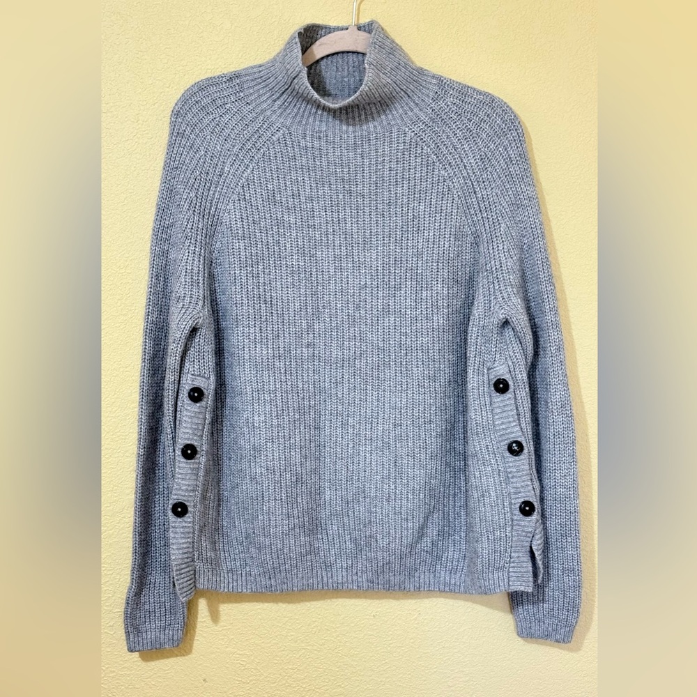 H&M L.O.G.G. Gray Mock Neck Sweater Medium Alpaca Cotton Blend Knit Side Buttons